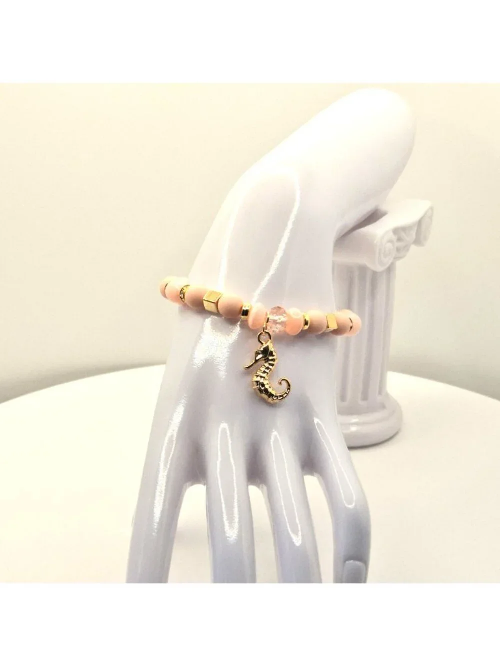 Pink And Gold Tone Beaded Stretch Bracelet With Seahorse Charm